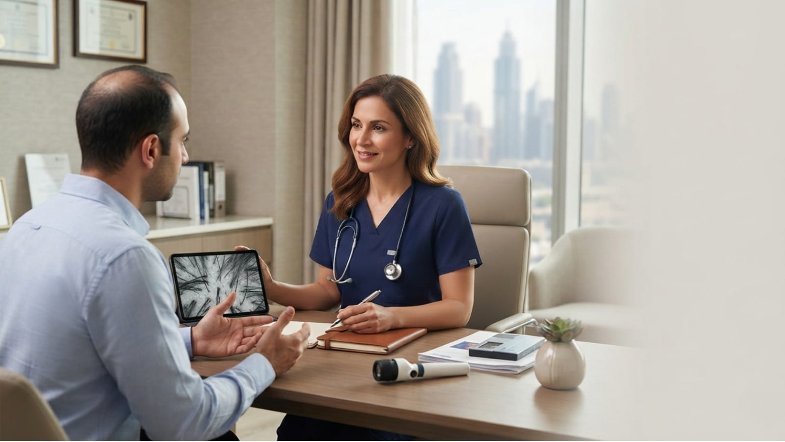 Doctor consulting with a patient about hair regrowth treatment options in Dubai